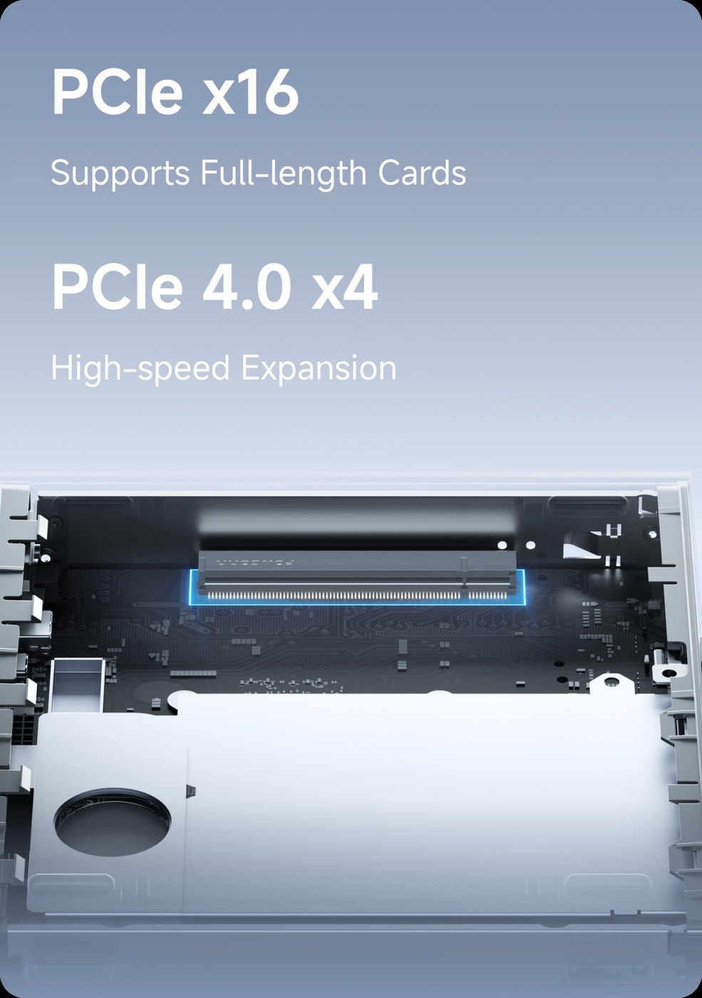 Herstellergrafik des PCIe-x16-Steckplatzes im Minisforum MS-S1 MAX mit dem Hinweis PCIe 4.0 x4
