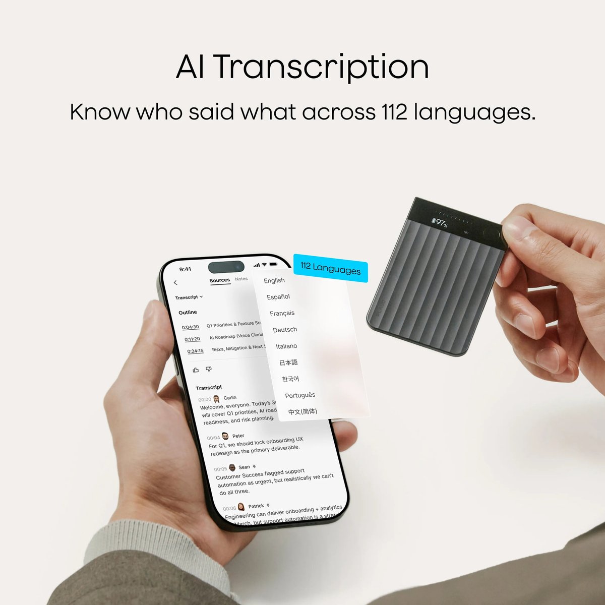Plaud-App zeigt automatische Transkription mit Sprechererkennung in mehreren Sprachen