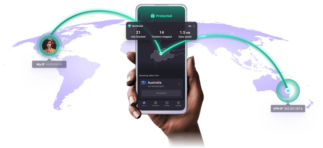 Proton-VPN-App auf dem Smartphone mit aktivem NetShield-Schutz und Secure-Core-Routing &uuml;ber die Schweiz