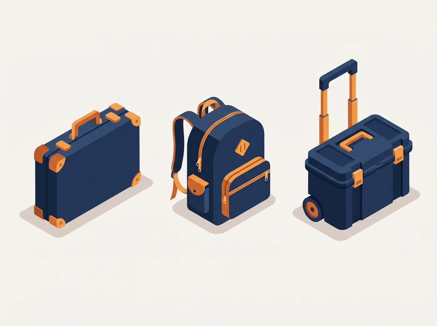 Stilisierte Illustration von drei Transportoptionen für IT-Werkzeug: Hartschalenkoffer, Rucksack und Rolltrolley nebeneinander